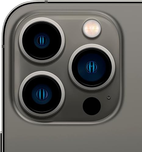 Close-up of a iPhone Pro/Pro Max camera module with multiple lenses on a gray background